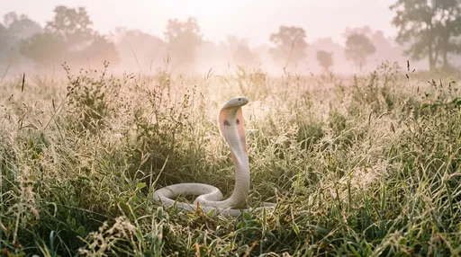 Pale Leucistic Cobra in Misty Morning Grass