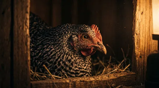 Barred Rock Hen in Nesting Box