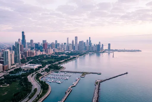 Aerial Dawn View of Chicago Skyline