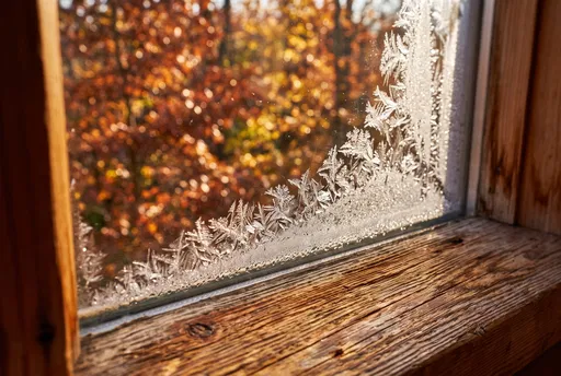 Frosty Rustic Window Overlooking Autumn Foliage
