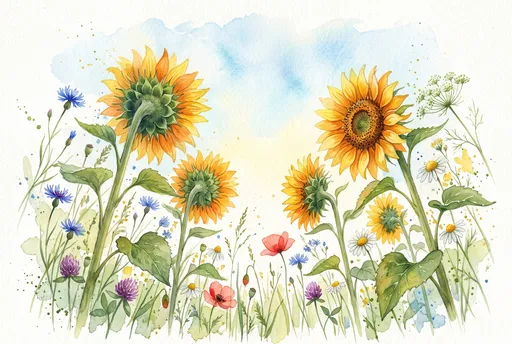 Watercolor Sunflowers and Meadow Wildflowers