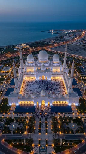 Aerial Twilight View of Illuminated Coastal Mosque
