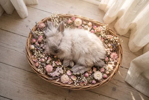 Fluffy Bunny Sleeping in Flower Basket