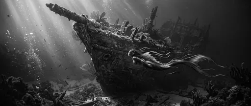 Monochrome Mermaid Swimming Past Sunken Shipwreck