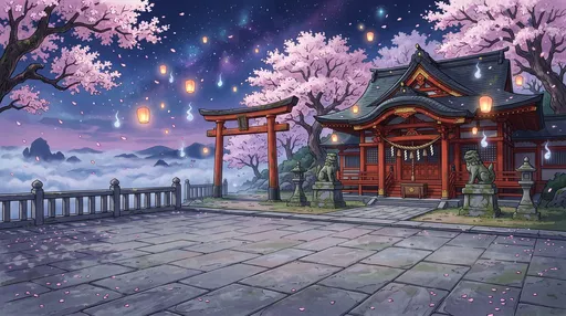 Anime Shrine With Cherry Blossoms at Night