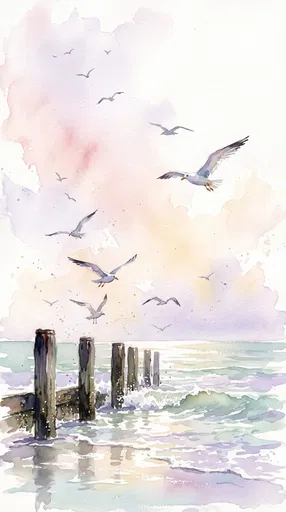 Watercolor Seagulls Over Beach Pilings