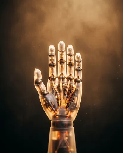 Translucent Mechanical Hand in Golden Haze