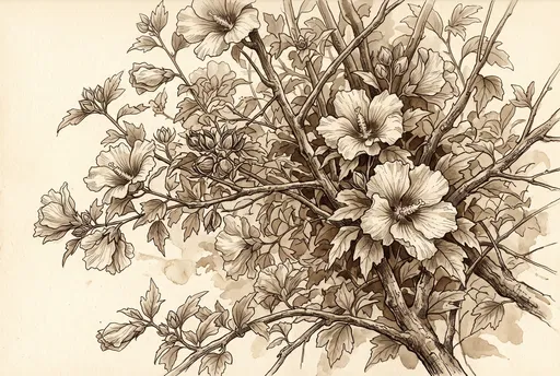 Sepia Ink Hibiscus Branch Illustration