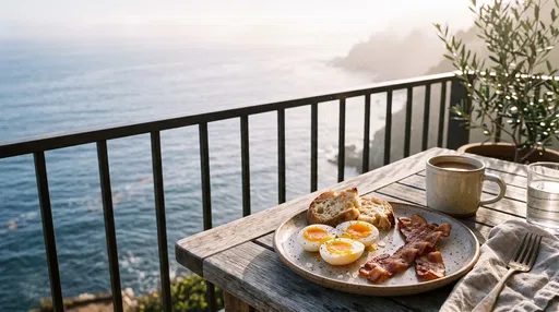 Coastal Balcony Breakfast With Eggs and Bacon