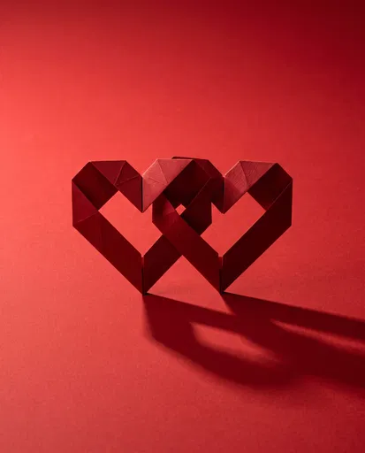 Interlocking Crimson Origami Hearts on Red