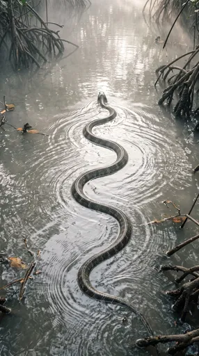 King Cobra Swimming in Misty Mangrove