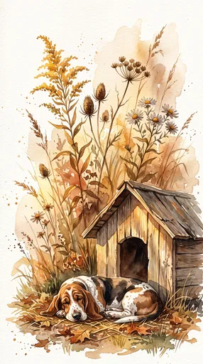Watercolor Basset Hound Sleeping by Doghouse