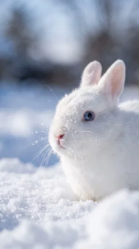 White Blue-Eyed Bunny in Fresh Snow