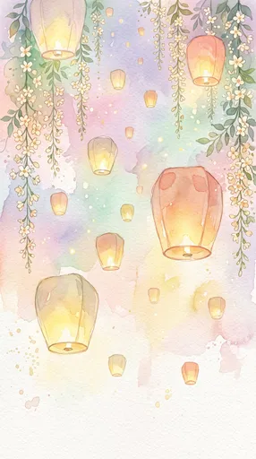 Pastel Watercolor Sky Lanterns and Floral Garlands