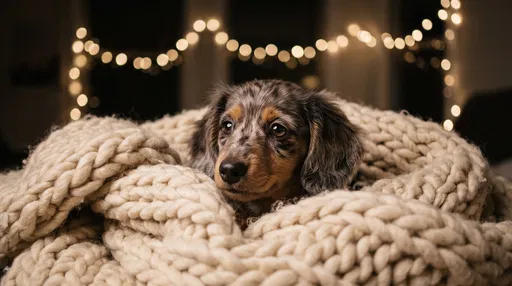 Dapple Dachshund Puppy in Chunky Knit Blanket