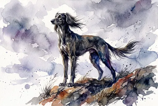 Watercolor Illustration of Persian Hound on Rocks