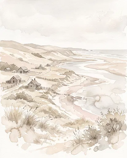 Muted Neutral Watercolor Coastal Landscape Illustration
