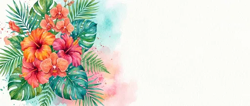 Tropical Watercolor Floral Banner with Copy Space
