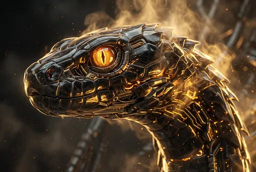 Biomechanical Obsidian Serpent with Glowing Amber Eye