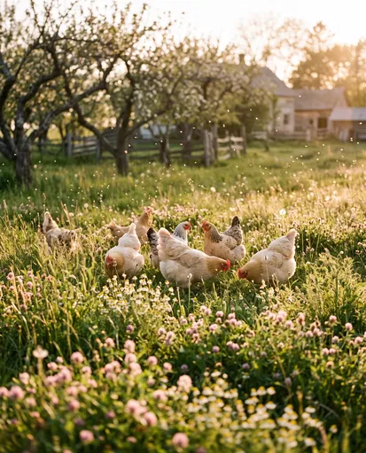 Free Range Hens in Golden Meadow