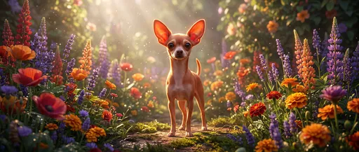 Stylized Chihuahua in Sunlit Flower Garden