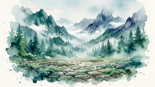 Watercolor Mountain Valley and Pine Forest