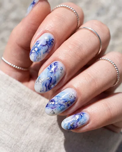 Blue Watercolor Marble Nail Art