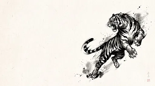 Sumi-e Ink Drawing of Leaping Tiger