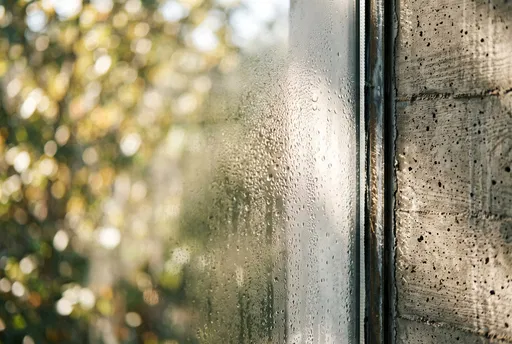Window Condensation Beside Textured Concrete Wall
