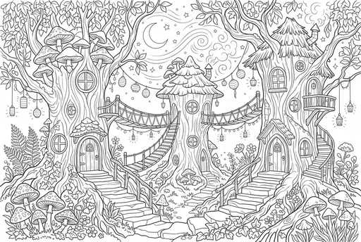 Whimsical Woodland Treehouse Village Coloring Page