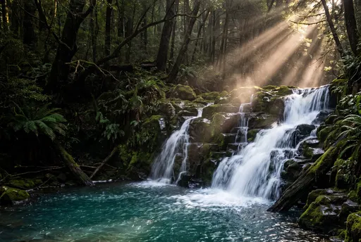 Sunlit Forest Waterfall and Turquoise Lagoon