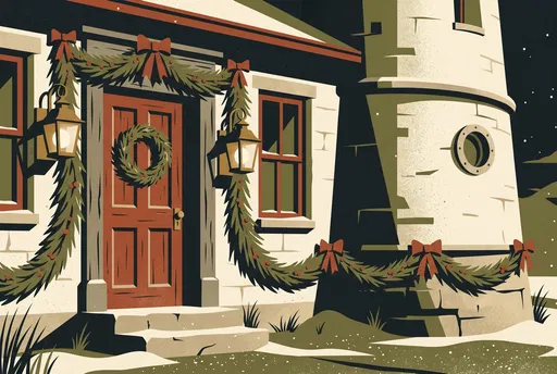 Vintage Christmas Lighthouse Doorway Illustration