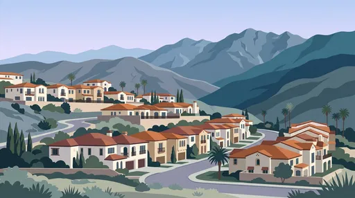 Mediterranean Homes in Mountain Foothills Illustration