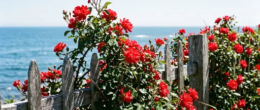 Red Roses Along Coastal Wooden Fence