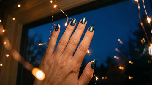 Iridescent Blue Chrome Nails With Fairy Lights
