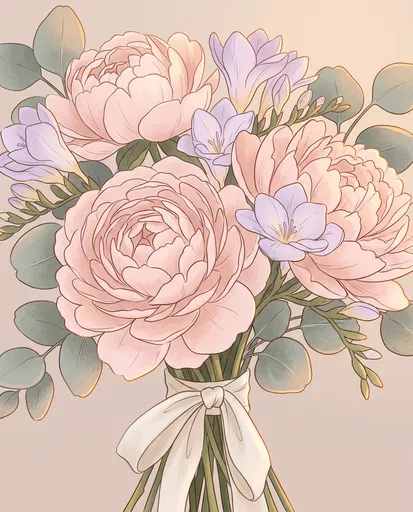 Pastel Peony and Freesia Bouquet Illustration