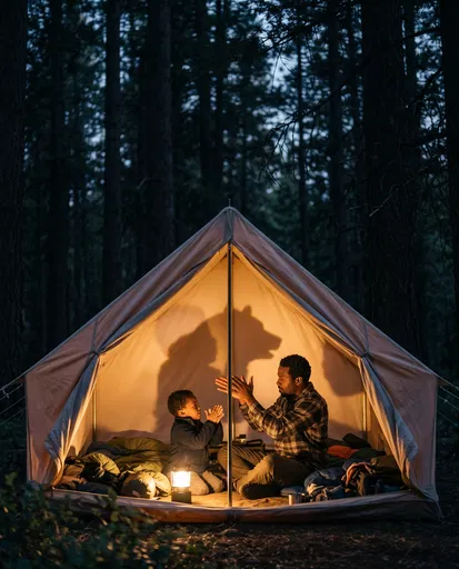 Father and Son Camping in Forest Tent