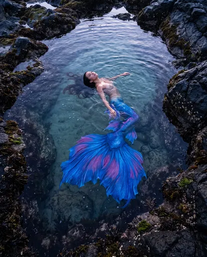 Mermaid Floating in Rocky Tidal Pool