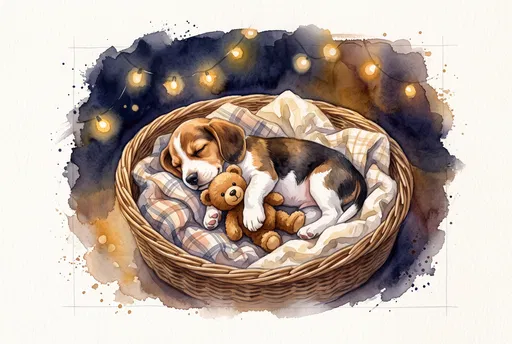 Watercolor Sleeping Beagle Puppy With Teddy Bear