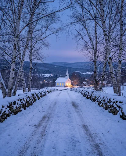 Snowy Country Lane Leading to Glowing Chapel