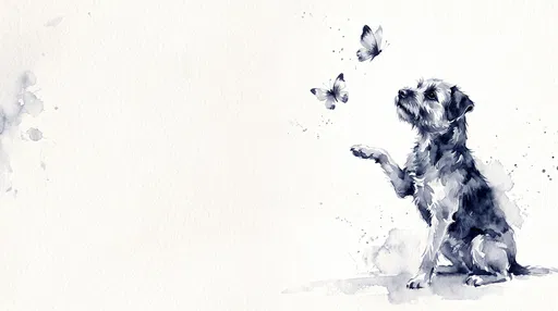 Indigo Watercolor Terrier Reaching for Butterflies