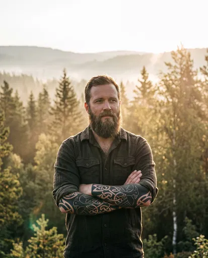 Bearded Man With Viking Tattoos Outdoors