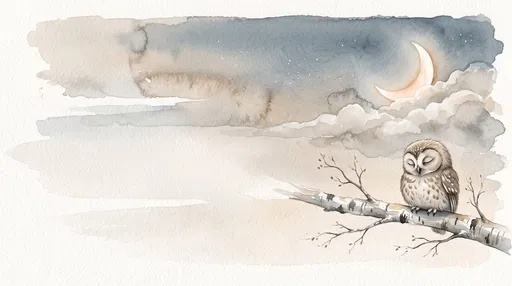 Watercolor Sleeping Owl Under Crescent Moon