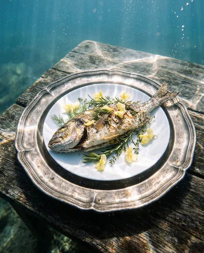 Roasted Fish Platter Submerged Underwater