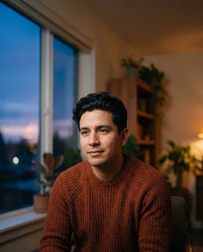 Hispanic Man in Rust Sweater at Dusk