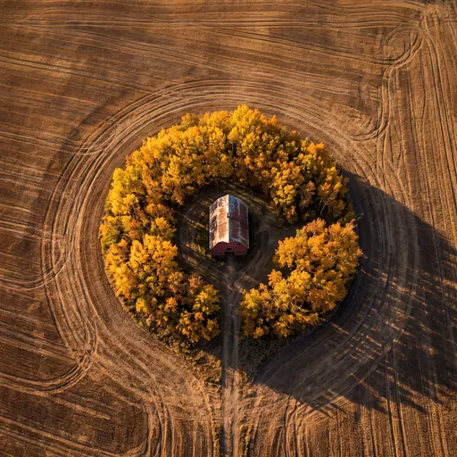 Aerial View of Barn in Autumn Grove