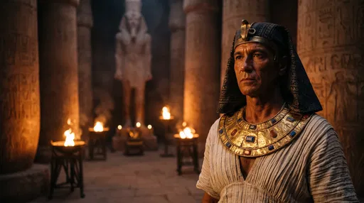 Egyptian Pharaoh in Torchlit Stone Sanctuary