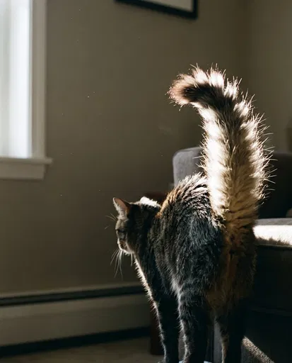 Startled Cat With Puffed Tail Indoors