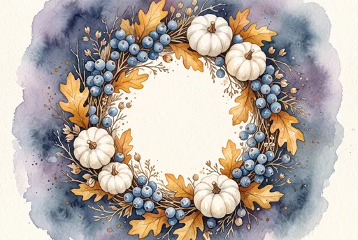 Watercolor Autumn Wreath With White Pumpkins