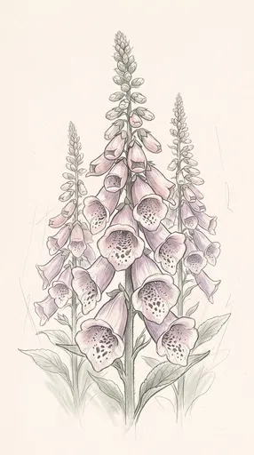 Botanical Sketch of Pink Foxglove Flowers